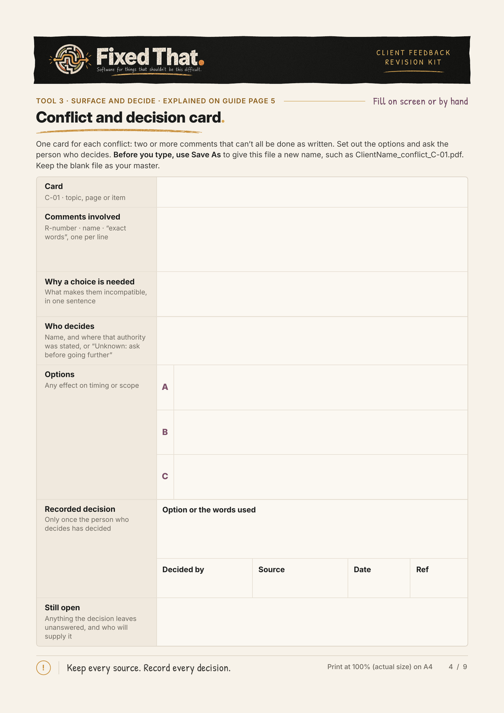 A real working page from One Feedback List: the conflict and decision card